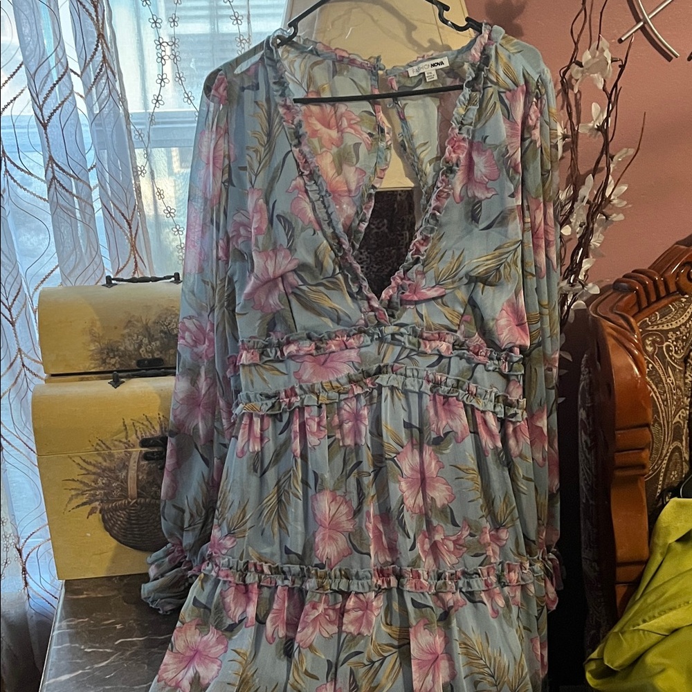 Fashion Nova Floral Long Sleeve Dress - Blue and Pink